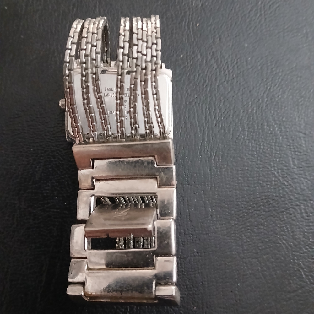 Silver Rectangular Watch With Black Straps - image 2